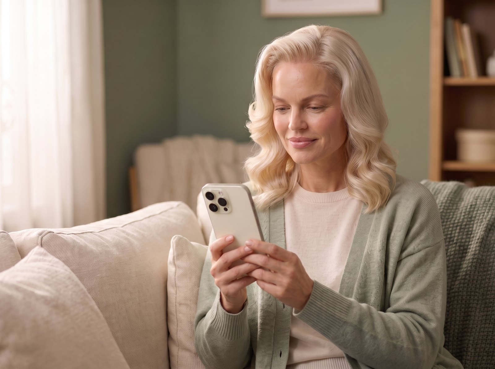 A woman relaxed at home, checking her progress on the app