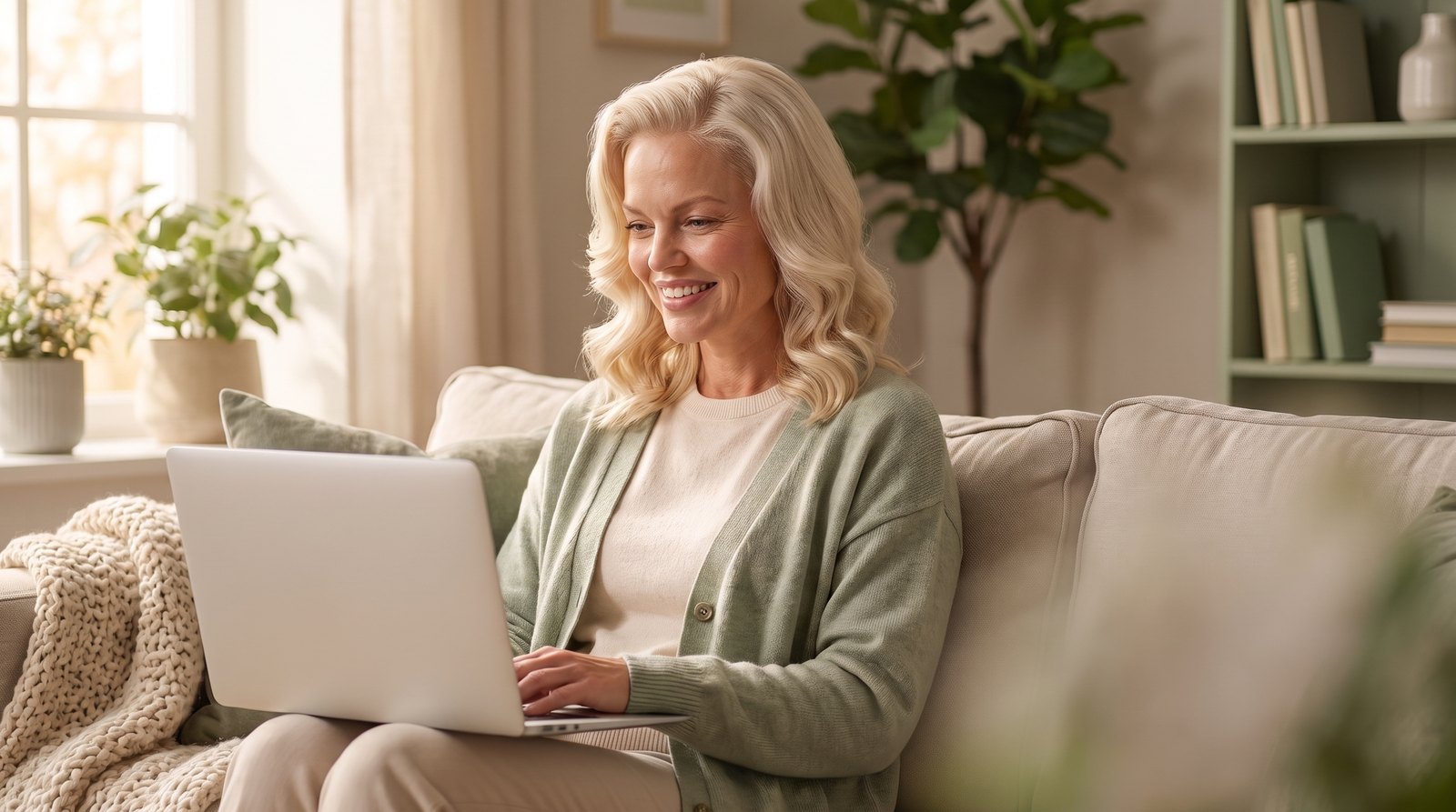 A woman connecting warmly with her community from home