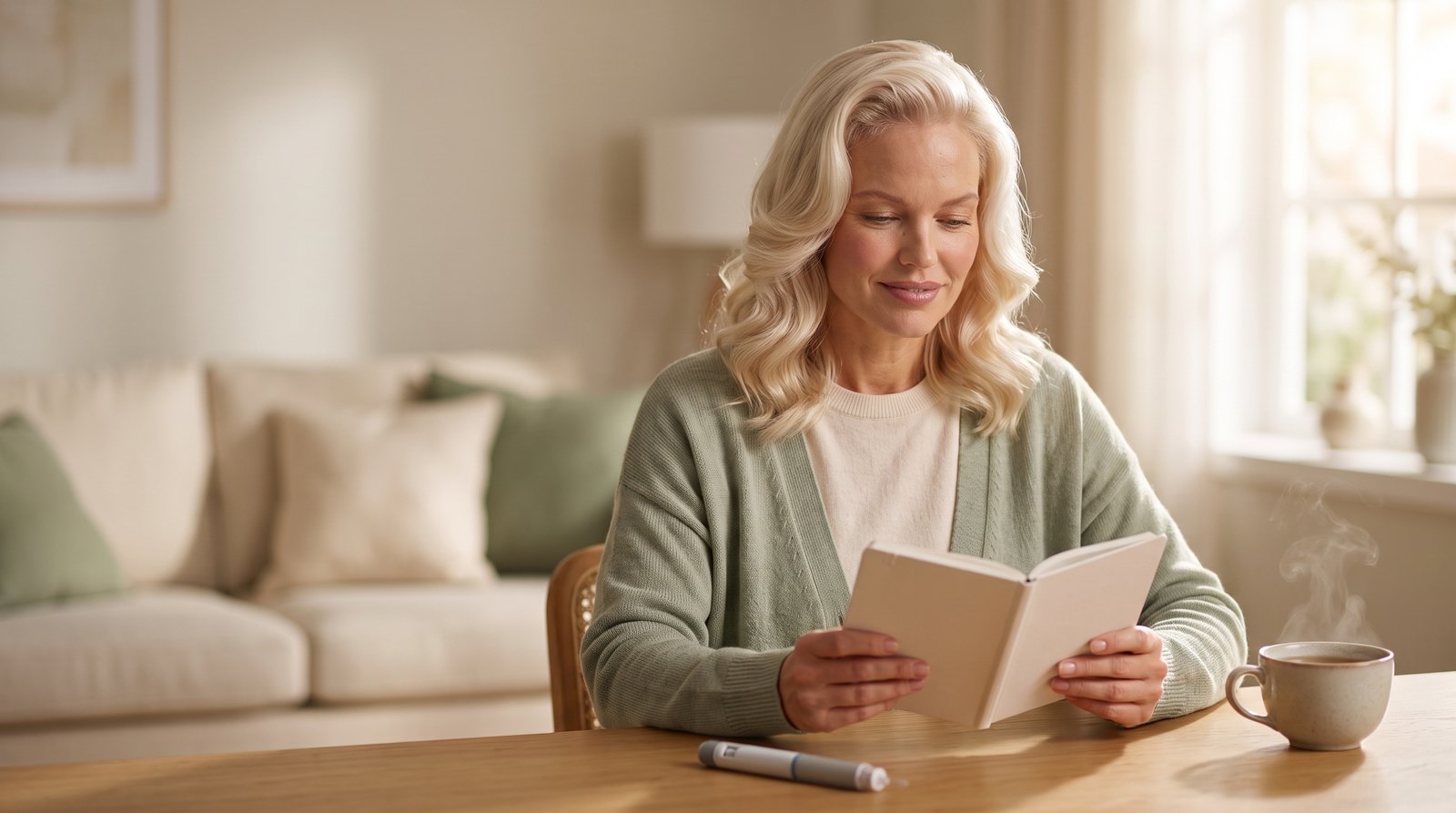 A woman calmly reviewing her notes at home — informed, not anxious