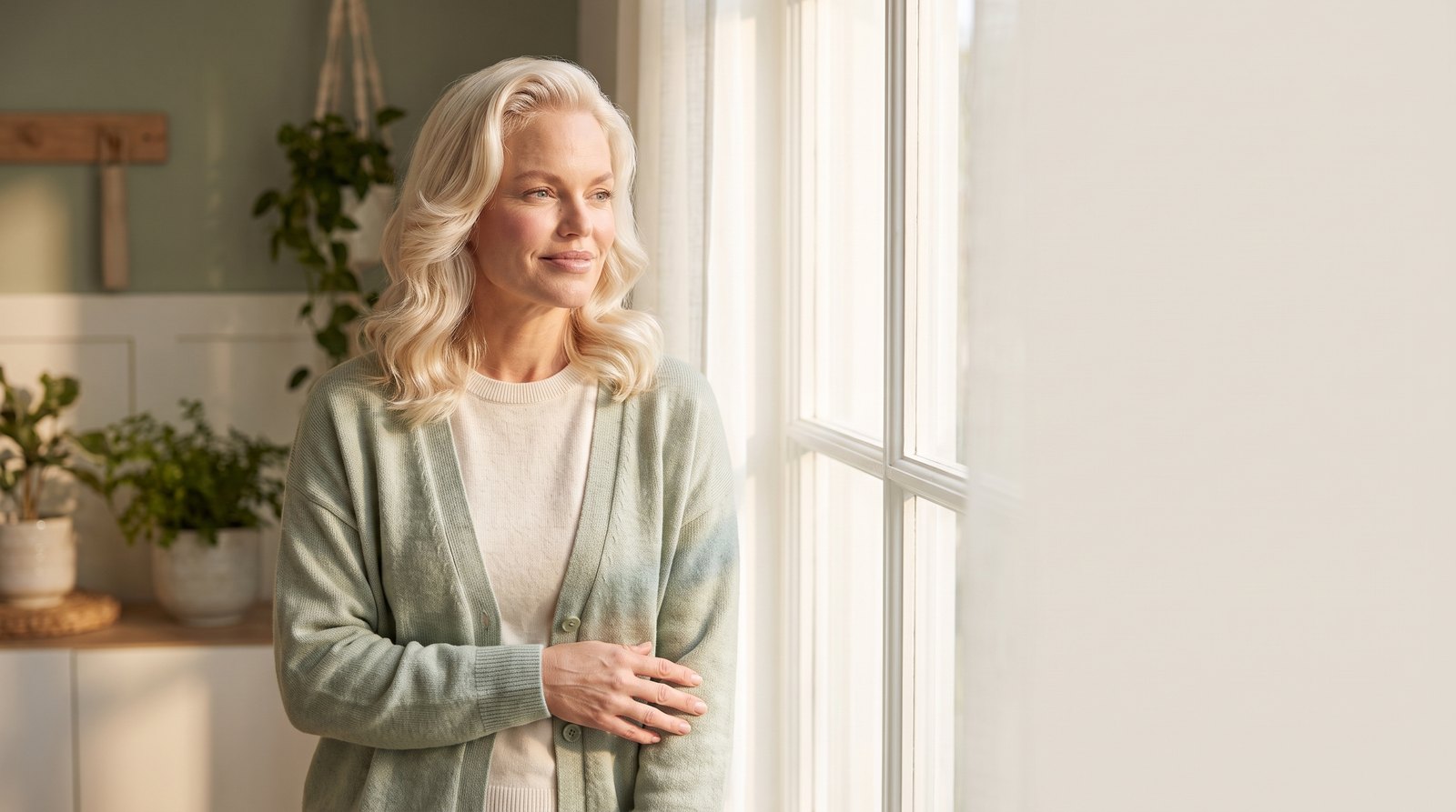 A woman at peace by the window — she has everything she needs