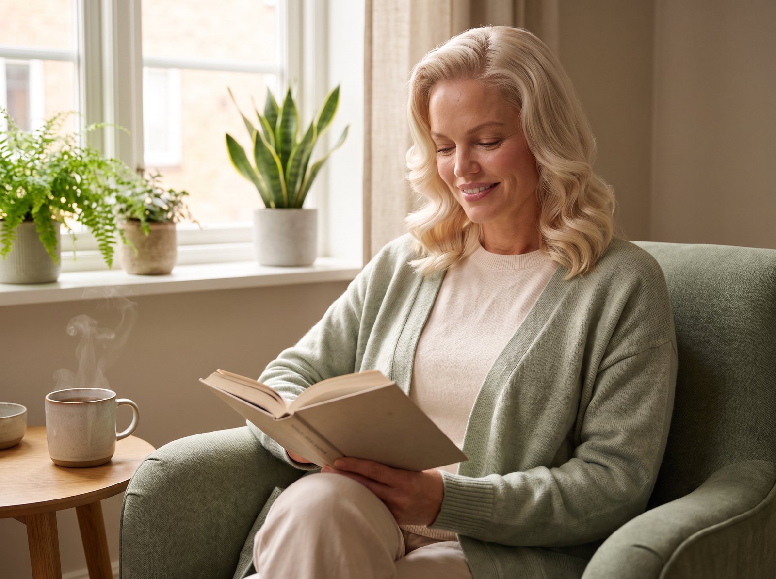 A woman reading calmly at home with a cup of tea